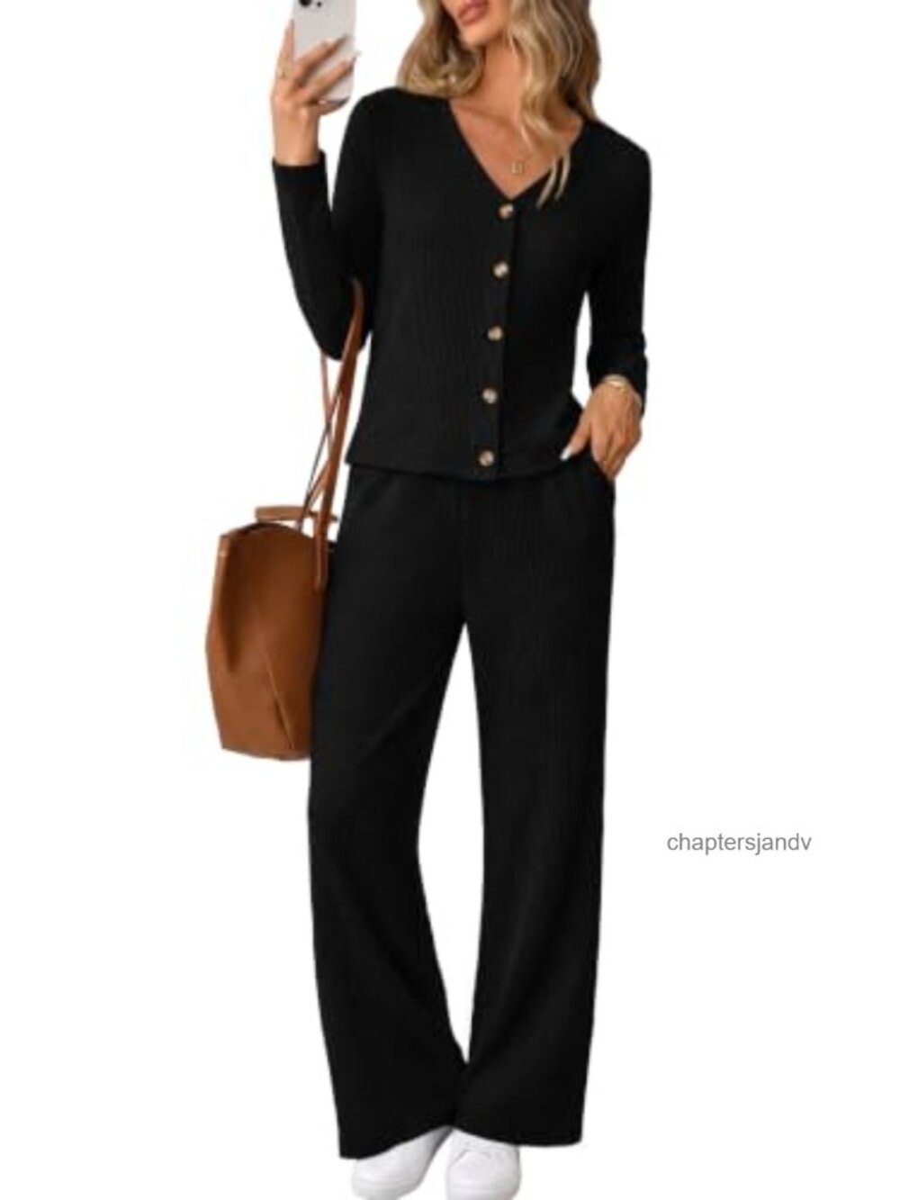 Ribbed Knit 2 Piece Lounge Set Button V Neck Cardigan Flare Pants